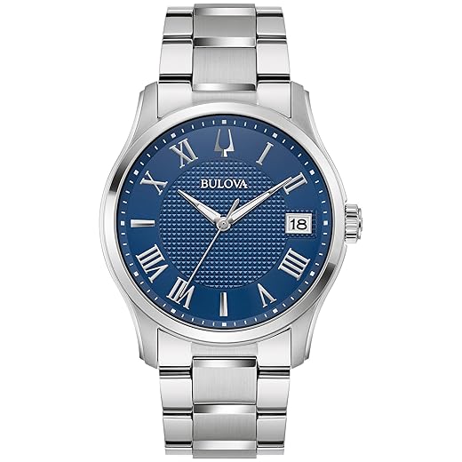 Bulova Relógio masculino clássico Wilton de aço inoxidável prateado com 3 ponteiros, mostrador azul, estilo de 3 ponteiros: 96B386, Prata, Pulseira de aço inoxidável Wilton de quartzo prateado