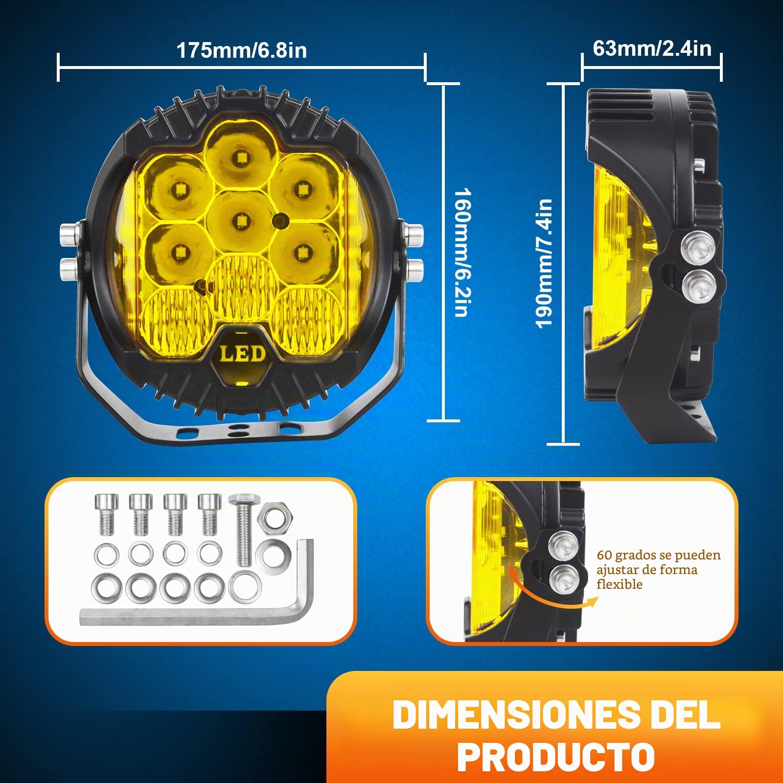 RIGIDON 7 Pulgadas 75W Redondo Faros de Trabajo Led con 12v kit de cableado, faros led 4x4 largo alcance para tractor off road camión coche todoterreno vehículos, 3000K ámbar faros antiniebla