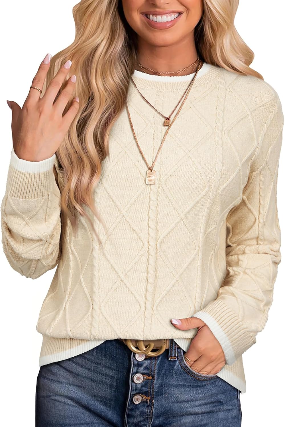 EVALESS Womens Sweaters Long Sleeve Crewneck Color Block Pullover Tops 2025 Fall Trendy Cable Knit Sweater - Image 2