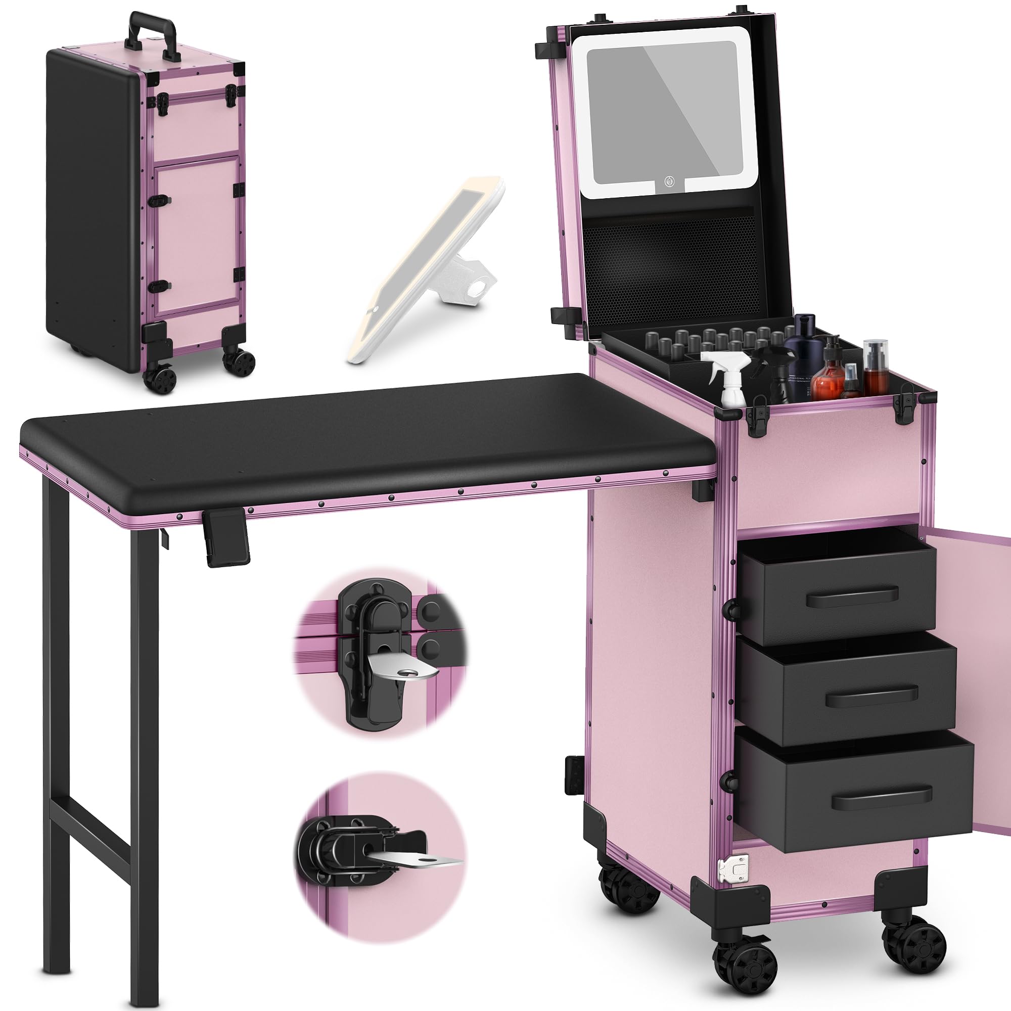 その他 SUITCASE NAIL DESK EASYINBEAUTY Rolling Portable Manicure Table with 3 Drawers