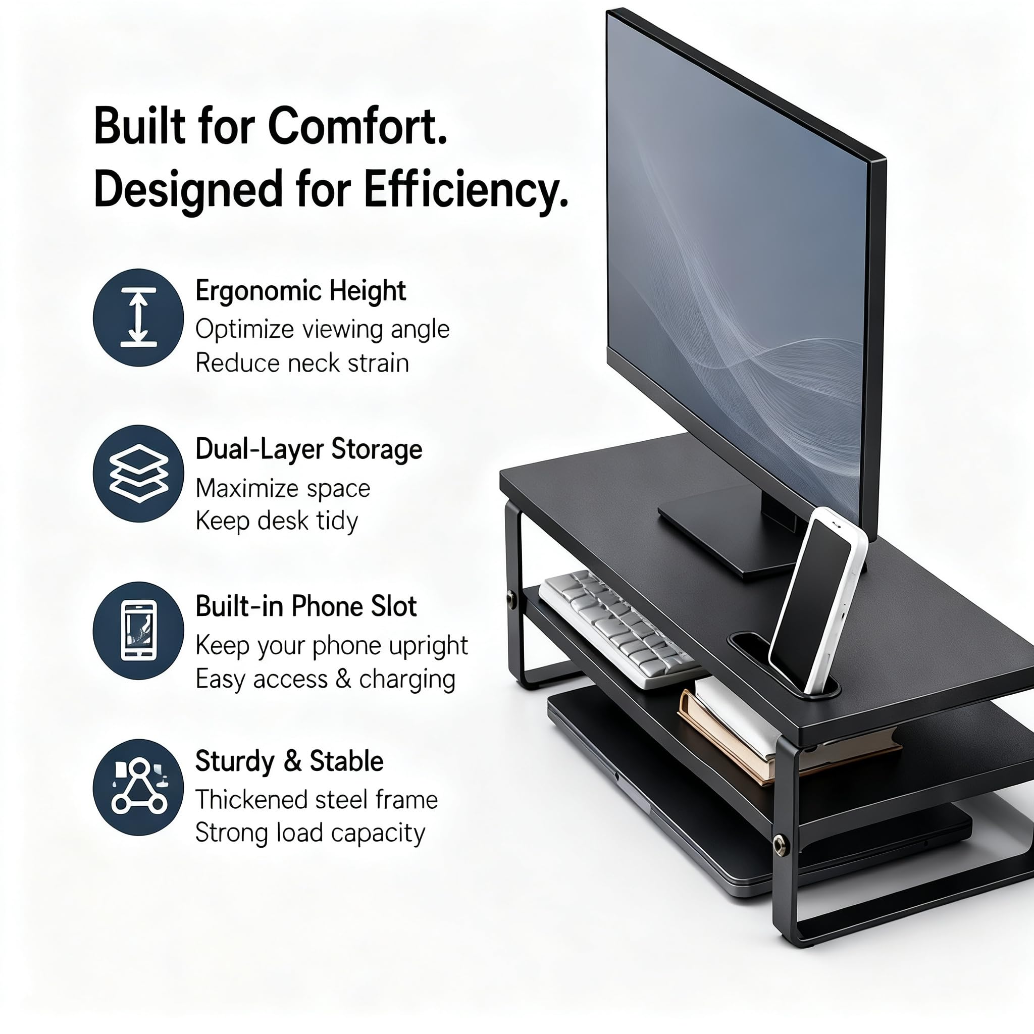 Supporto per monitor con supporto per telefono, supporto ergonomico per laptop a 2 livelli con cuscinetti antiscivolo per computer, notebook, iMac, PC, carico 50 kg, organizer da scrivania