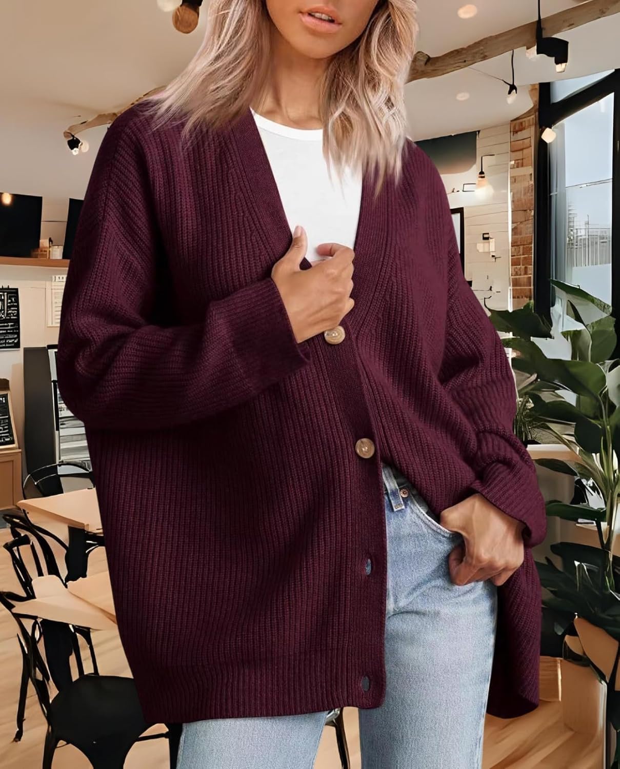 Women's Cardigan Casual Sweater Oversized Long Sleeve V-Neck Button Cardigan Top for Vacation and Daily Life - Image 2