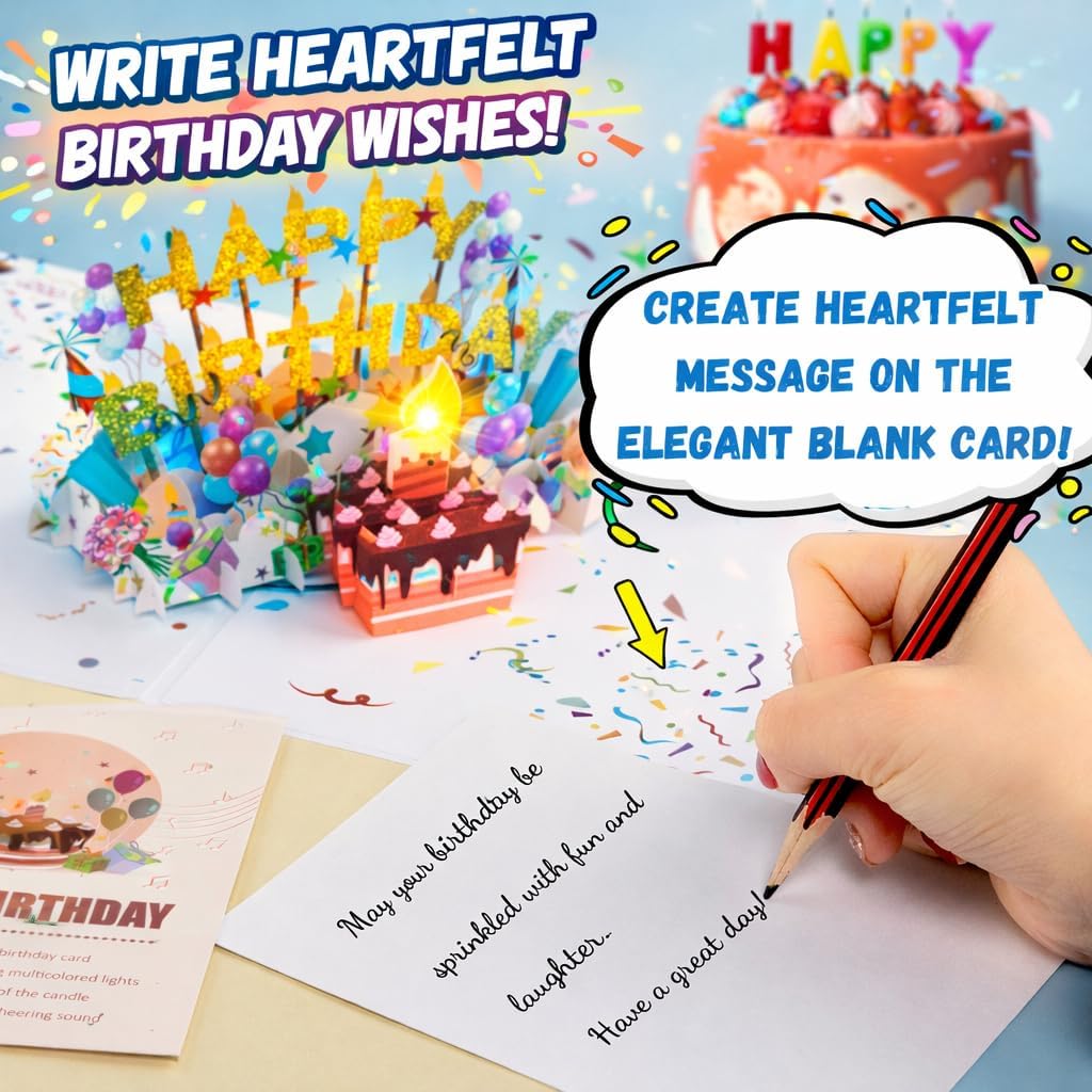 Lupow 3D Pop Up Musical Birthday Cards with Lights & Blowable LED Light Candle – Interactive Singing Happy Postcards Birthday Decorations Greeting Cards Birthday Cards for Women, Men, Mom, Wife, Husband, Boy, Girl - Image 6
