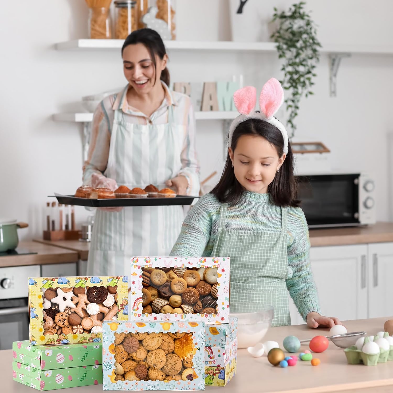 Tenare 48 Pcs Easter Bakery Boxes with Window 12 x 8 x 2.5 Inch Easter Bunny Pattern Cookie Boxes for Pastries Donut Pies Cakes Chocolate Strawberry Party Favor