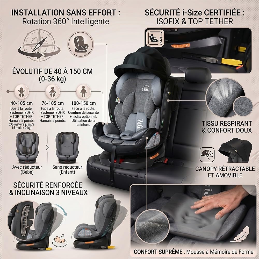 Siège-auto Pivotant 360° ZELI - i-Size Évolutif 40 à 150 cm (0-36 kg) - Isofix & Top Tether Noir avec canopy