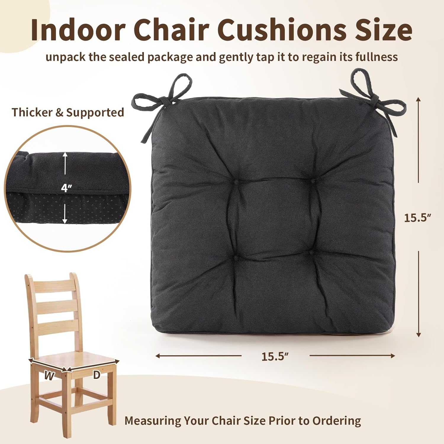 chair cushions for dining chairs, tufted foam kitchen chair, non-slip seat cushions with ties set of 4, 15.5" x 15.5" x 4", black