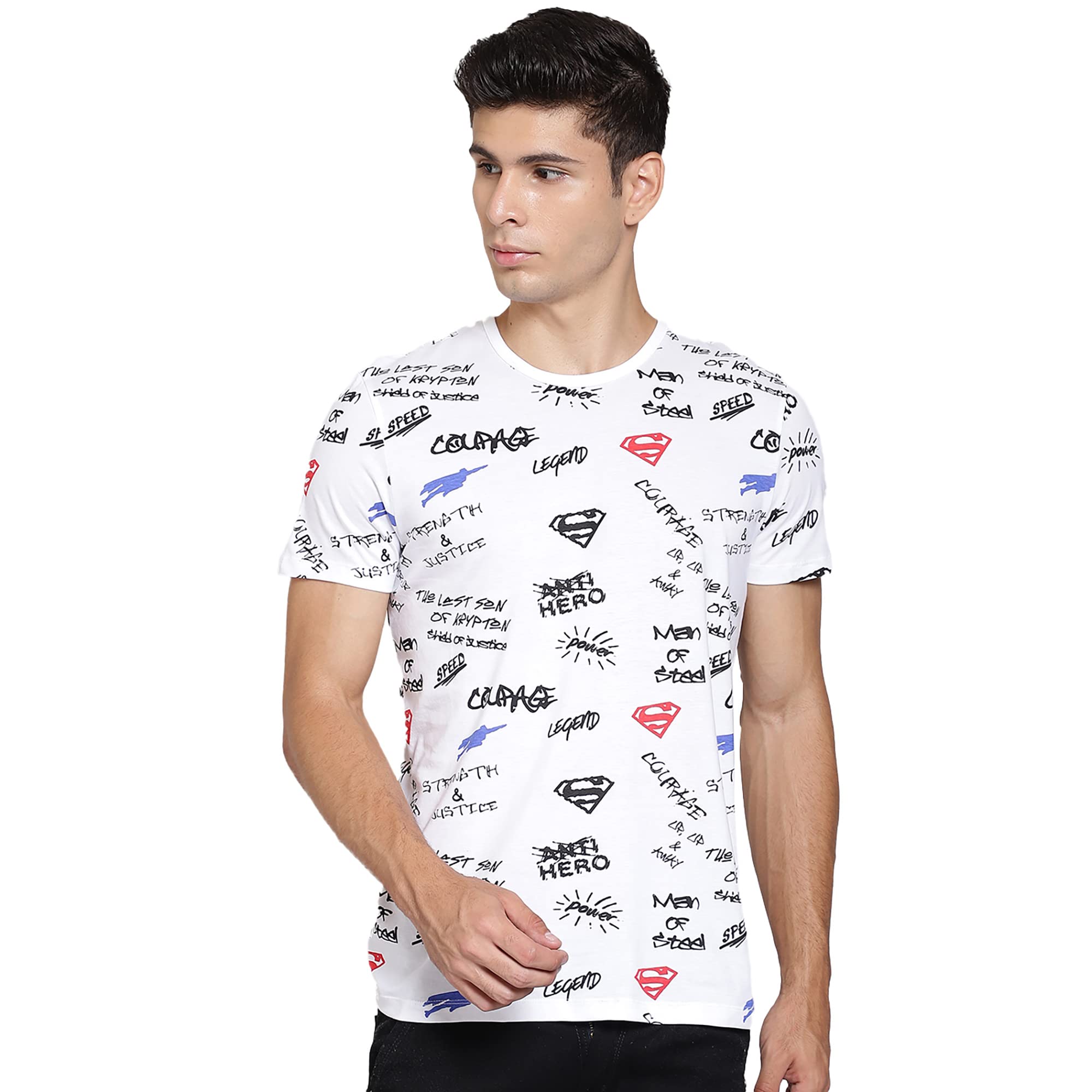 Free Authority Superman Printed Regular Fit White Cotton Men's T-Shirt