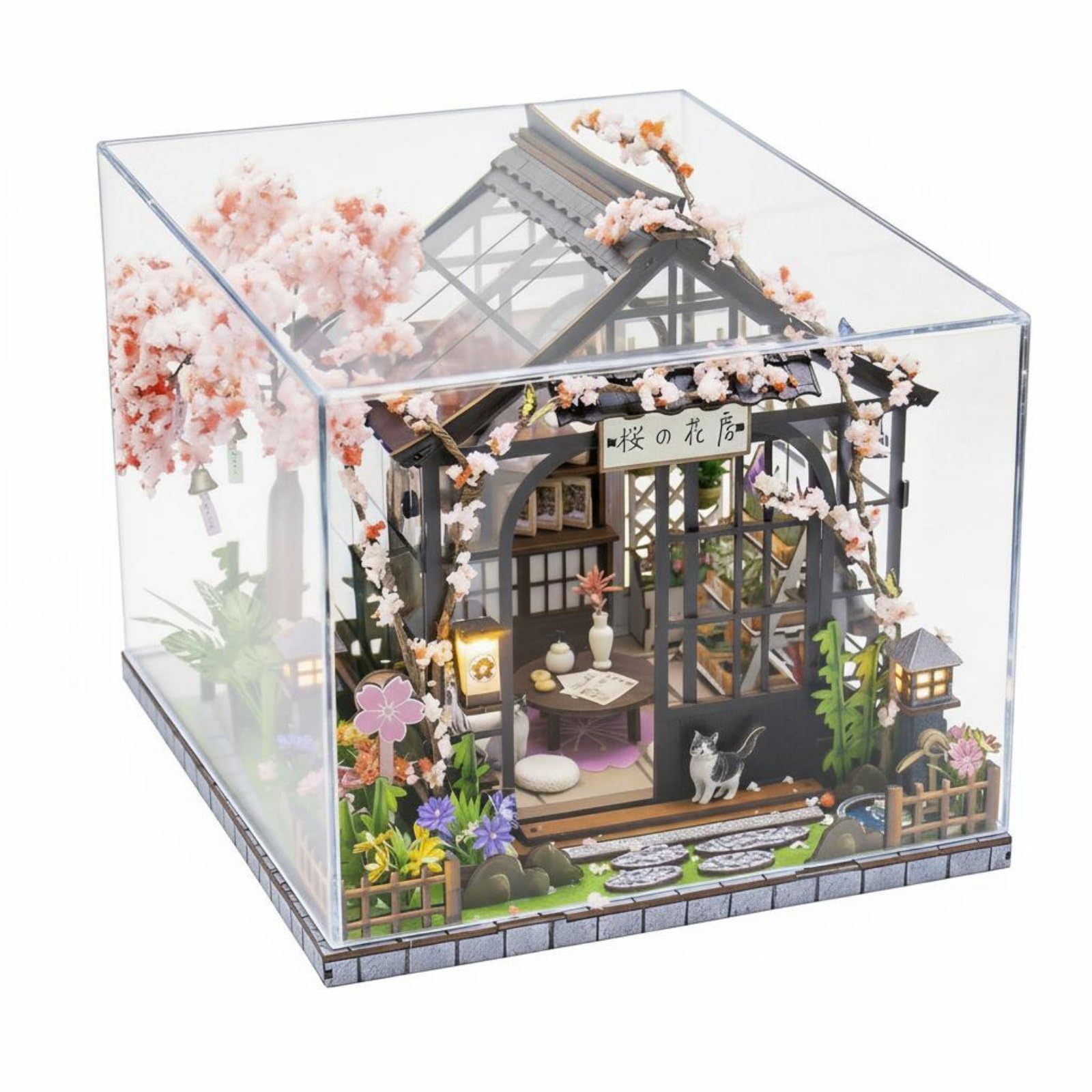 Colcolo Miniaturhaus Modellbausatz Puppenhaus Gewächshaus Japanisch Bastelset mit Drehendem LED Beleuchtung Transparentem Dach Und Schiebetüren für Sammlerpräsentation Wohndekoration