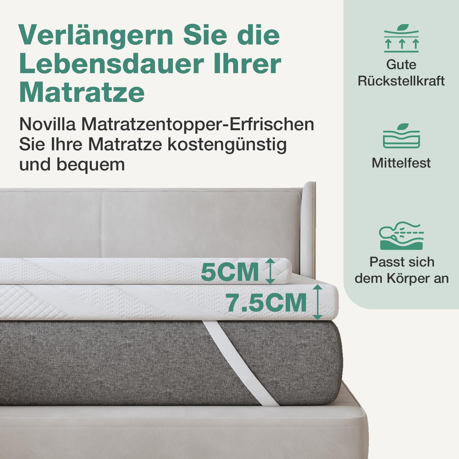 Novilla Matratzen Topper 90x200 5cm Höhe Gel Topper Memory Foam MatratzenTopper für Boxspringbett Wohnwagen Schlafsofa Matratzenauflage Bezug Waschbar Oeko-TEx
