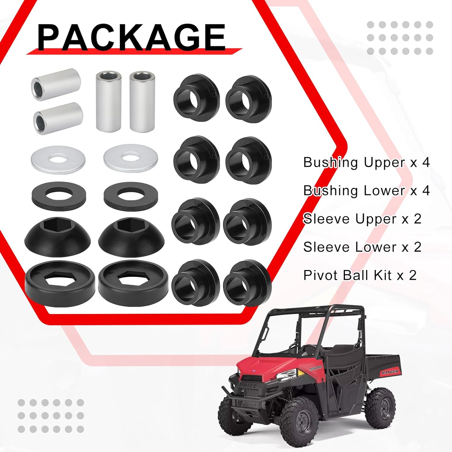 Front & Rear Shock Pivot Ball Bushings Sleeve Kit 16Pcs For Polaris Ranger 400 500 570 700 800 ETX EV TM