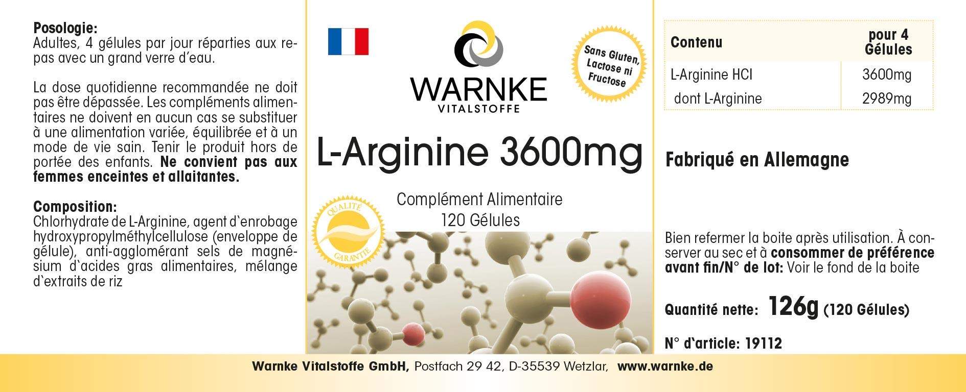 L-Arginine 3600 mg - 120 gélules - vegan | Warnke Vitalstoffe - Qualité des pharmacies allemandes