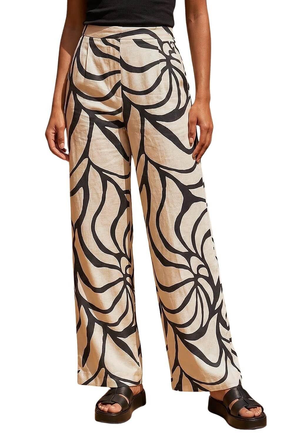 Roman Women's Black Mono Floral Palm Print Wide Leg Trouser In Size 18