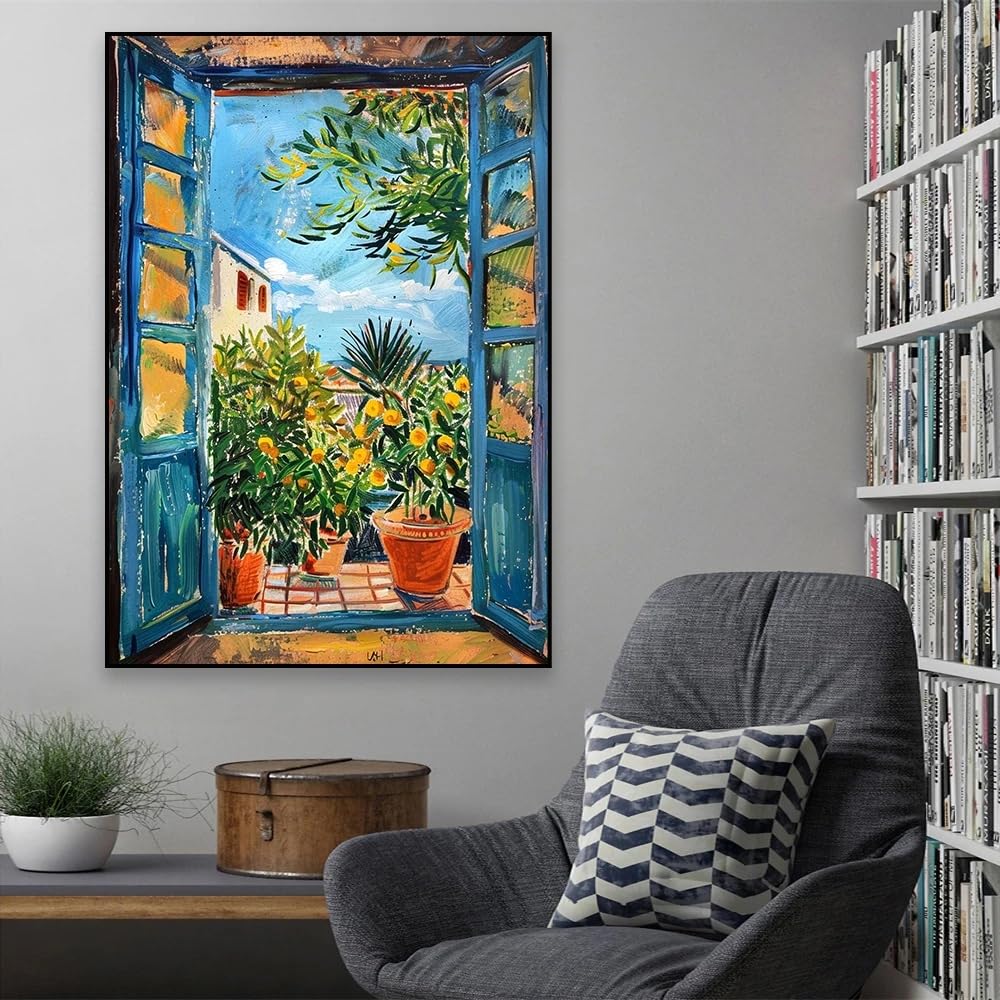 GKUVBF Open Window Henri Matisse Canvas Painting Poster Henri Mediterranean Sea Orange Tree Coastal View Modern Home Decor(30x40cm/Frameless)