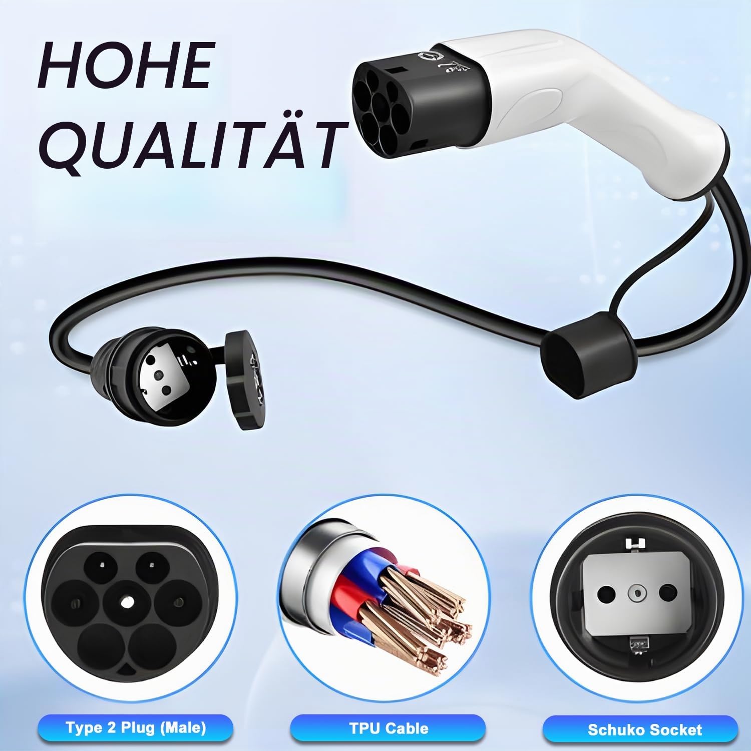 VOBOR Elektroauto Ladegerät Adapter, Typ 2 auf Schuko Adapter für Schuko auf IEC 62196 Typ 2 Auto Ladestationen, Wallbox Schuko Ladekabel Adapter für EV Adapter