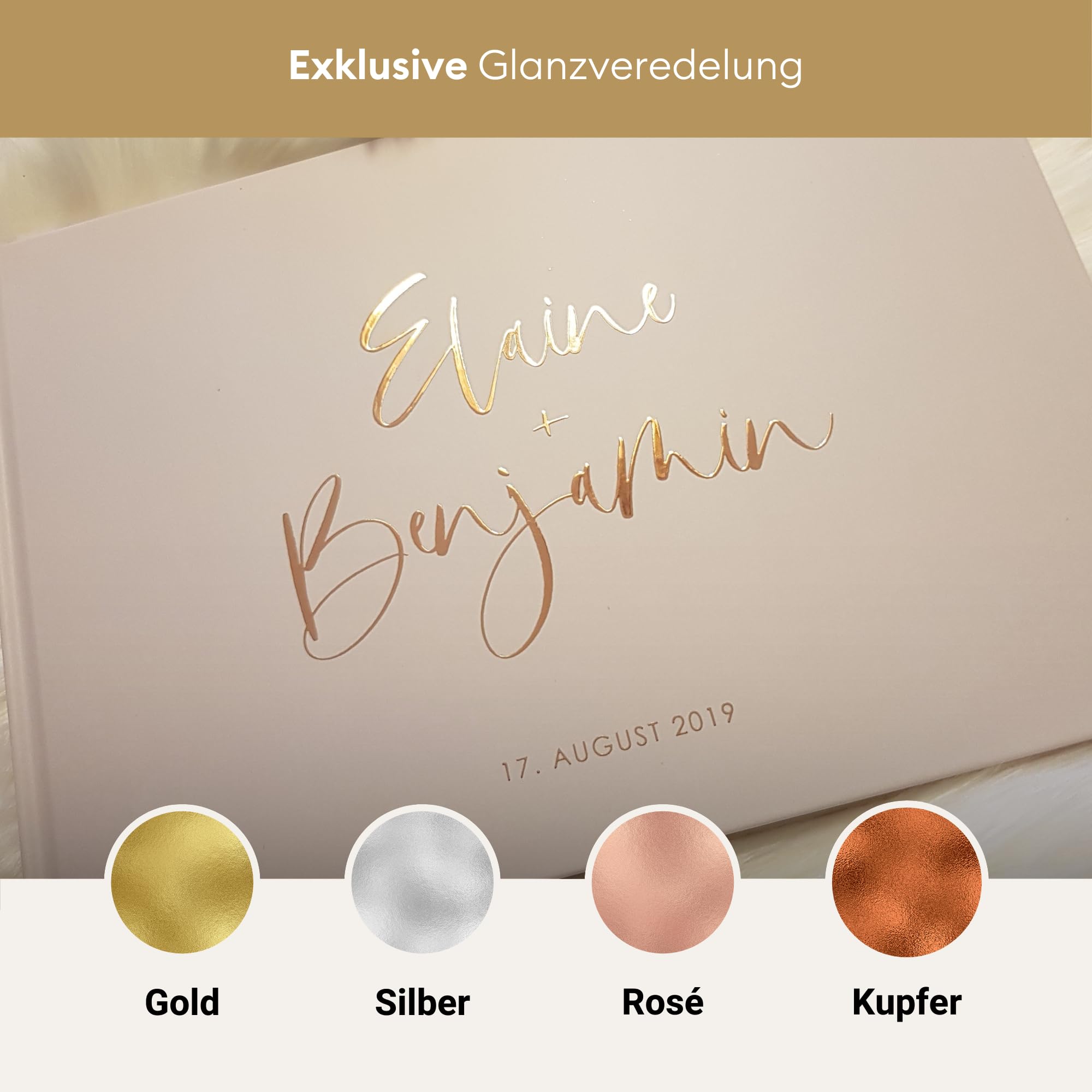 Deluxe Hochzeitsgästebuch | Gästebuch zur Hochzeit personalisiert | Veredelung in Gold, Rosé-Gold, Silber oder Kupfer | A4 quer | Beige, Inhalt blanko - weiße Seiten