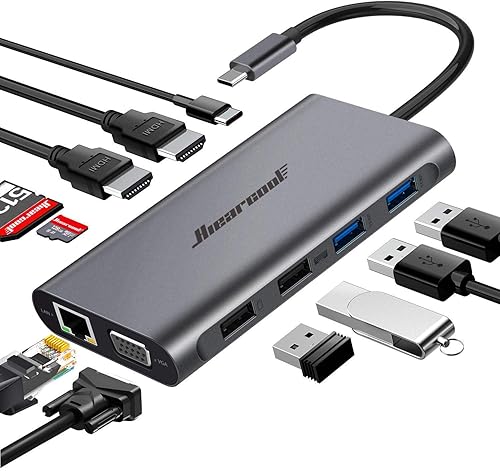 Hiearcool Concentrador USB C, estación de acoplamiento para laptop USB-C, adaptador tipo C de pantalla triple 11 en 1 compatible con Dell Hp Lenovo