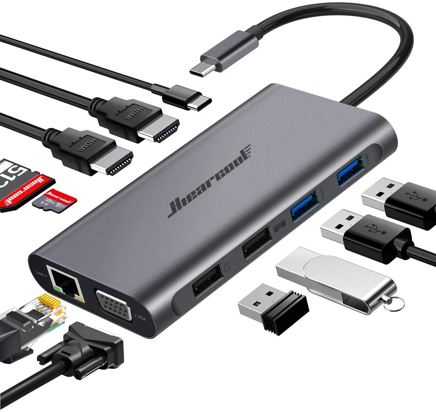Hiearcool USB-C Docking Station for Laptop Triple Display Dock with 4K HDMI 1080p VGA 11-in-1 USB-C Dock with