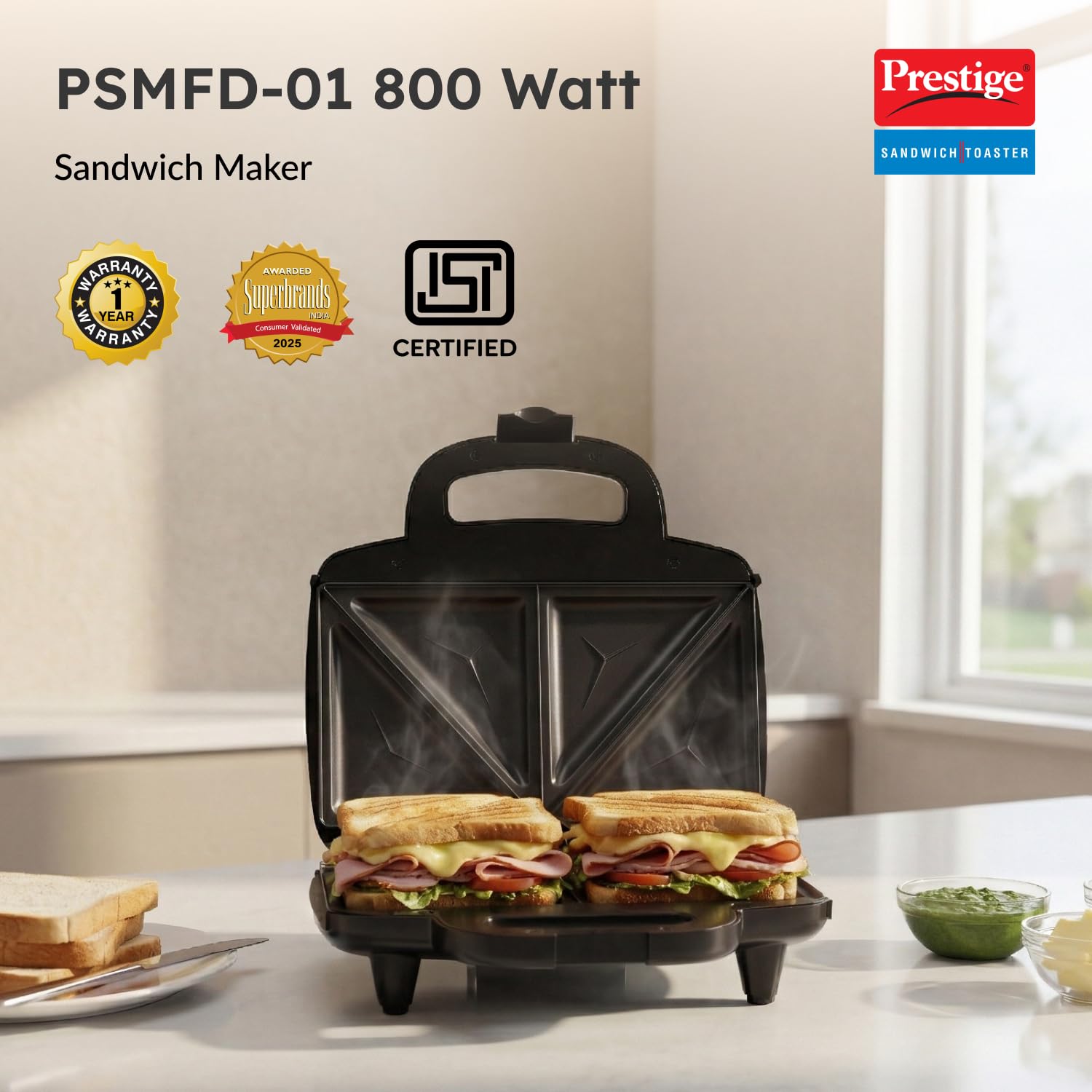 Prestige 800W Sandwich Maker (PSMFD 01)| Black | Heat Resistant Bakelite Body|Non-Stick Coating | Power Indicators | Oil Free Toasting