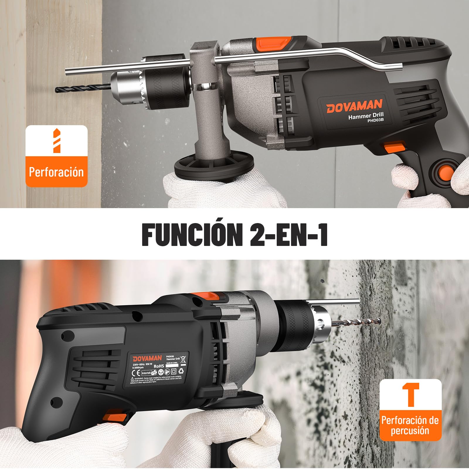 DOVAMAN Taladro Percutor Eléctrico 850W, Función 2 en 1, Mandril de 13 mm, Velocidad Ajustable 0-3000 RPM, Set de Taladro con Cable y Accesorios para Hormigón, Metal, Madera