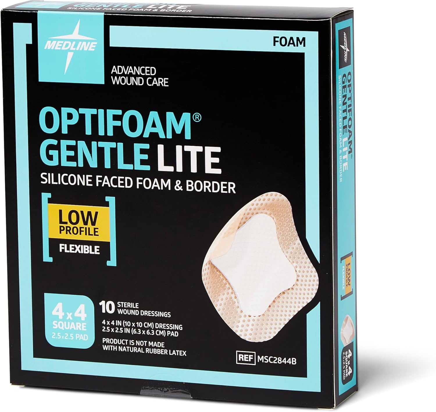 Medline Optifoam Gentle Lite Foam Dressing, 4" x 4" with Border, Box of 10