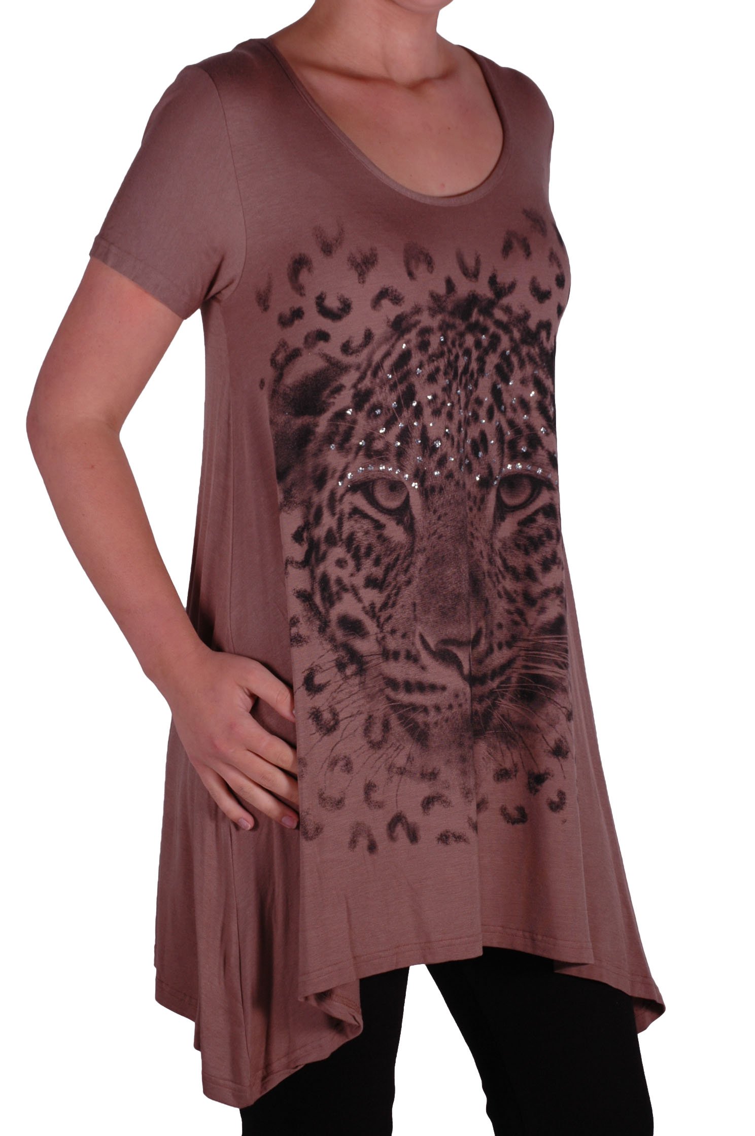 Eye Catch Plus - Ladies Graphic Tiger Long Draped Womens Sparkle Short Sleeve Stretch Top - Comfortable and Adjustable - Sizes 14-28 Mocha