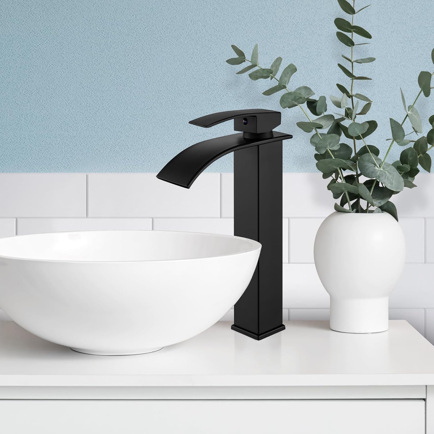 gotonovo Waterfall Tall Bathroom Faucet 1 Hole Single Handle Stainless Steel Vessel Sink Faucet with cUPC Hoses Modern Lavatory Mixer Tap, Matte Black