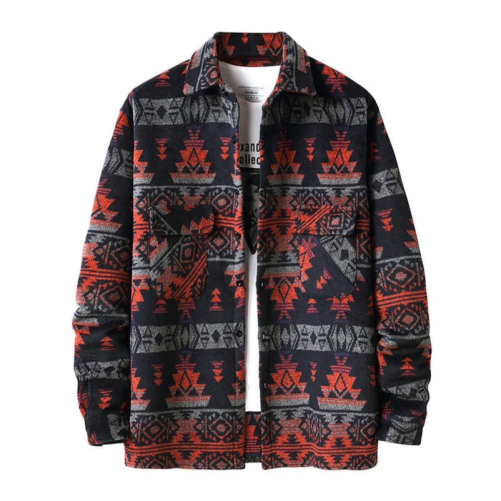 HGJH Hemdjacke Herren, Herren Langarm Flanellhemd Thermohemd Tibetisch Schwarz Orange Hemd Button-Down Baumwolle Großvaterhemd Bequemes Henry Hemd Lässiges Arbeitshemd Für Männer Jungen