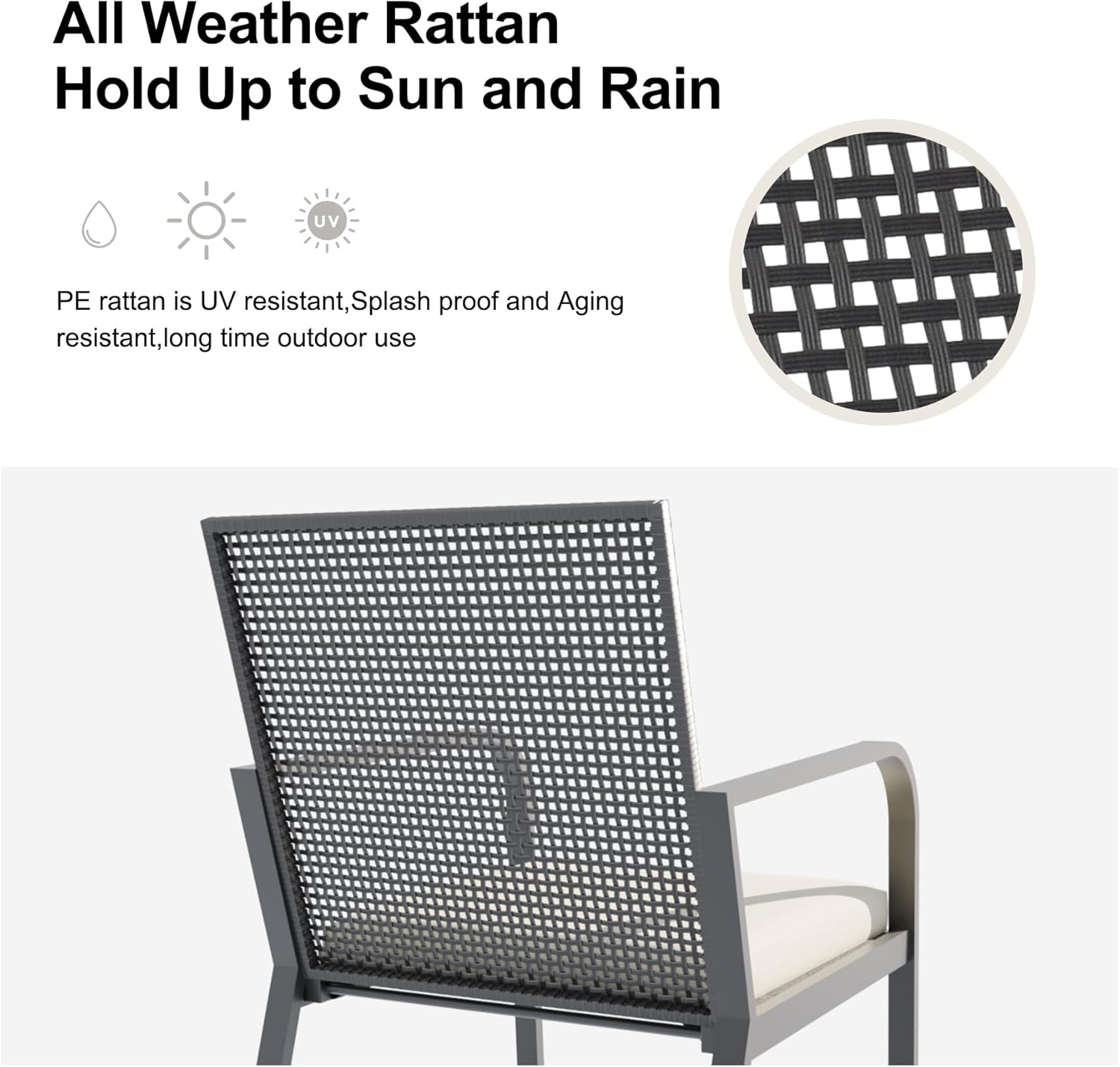 3 Piece Rattan Patio Bistro Set, Wicker Conversation Set with Coffee Table, for Porch Backyard Balcony Patio, Black Frame (White, 3PCS)