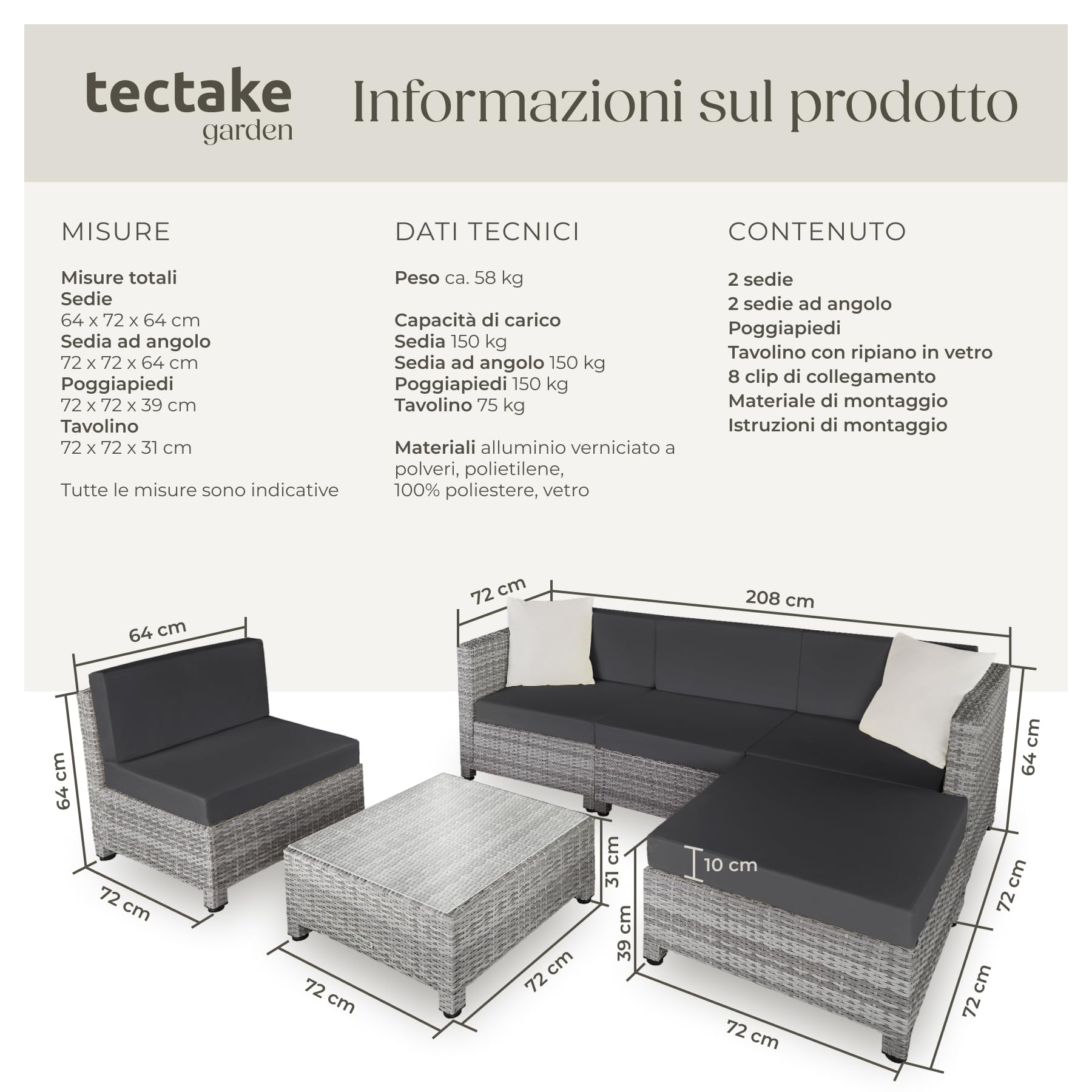 tectake® Set Salotto da Giardino Polyrattan, Elegante Design Moderno, 4 Pezzi con Tavolo Vetro, Imbottiture Confortevoli 10cm, Arredo Giardino, Arredo Esterno, Adatto Terrazza, Balcone -Grigio Chiaro