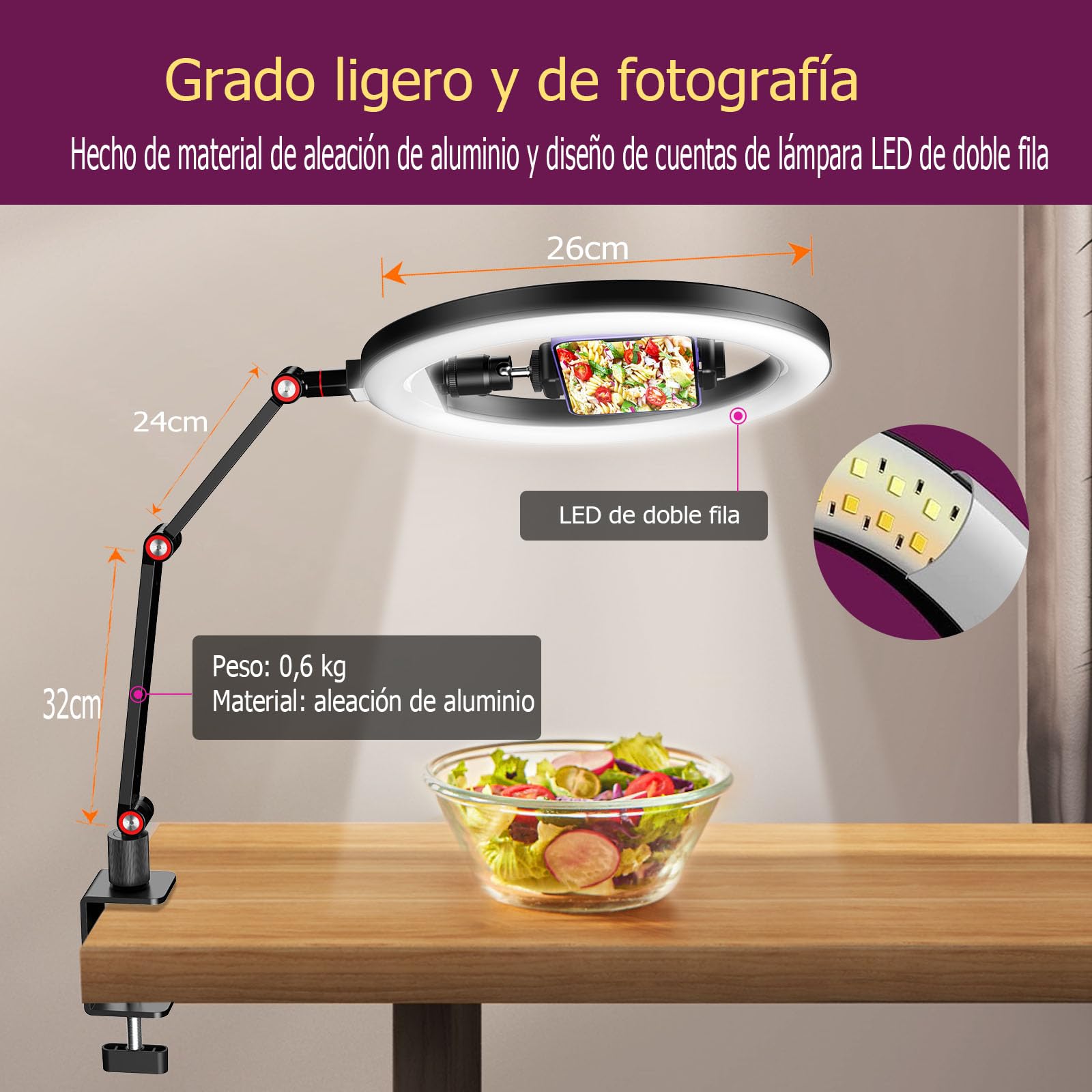 10 '' Luz de Anillo para Escritorio con Soporte y Soporte, luz de Anillo de trípode Superior, luz de videoconferencia con Soporte de Brazo de Escritorio Ajustable para Youtube, TIK Tok