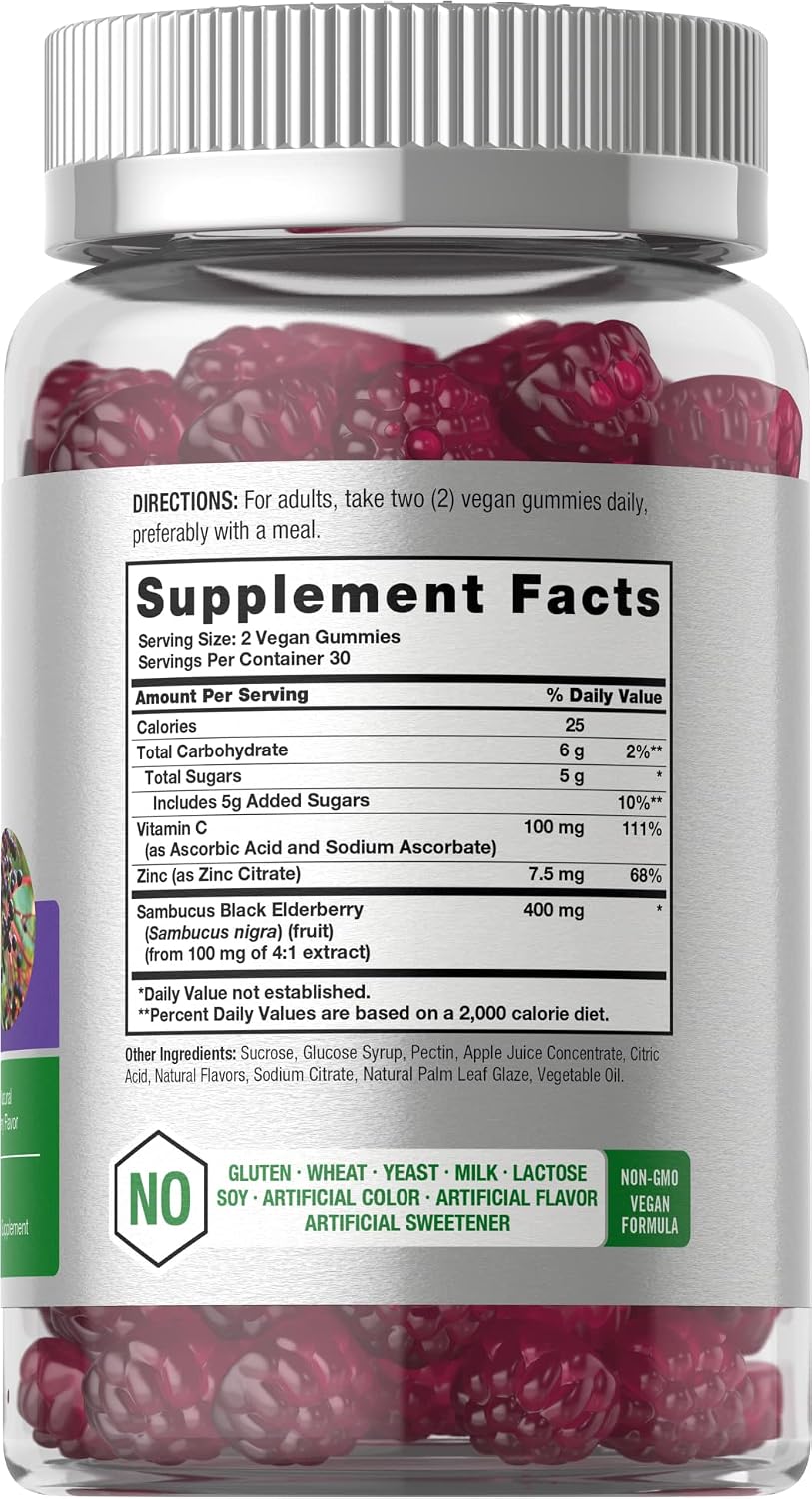 Sambucus Black Elderberry Gummies | 60 Count | with Zinc and Vitamin C | Vegan, Non-GMO, Gluten Free Extract for Adults | Natural Berry Flavor | by Horbaach