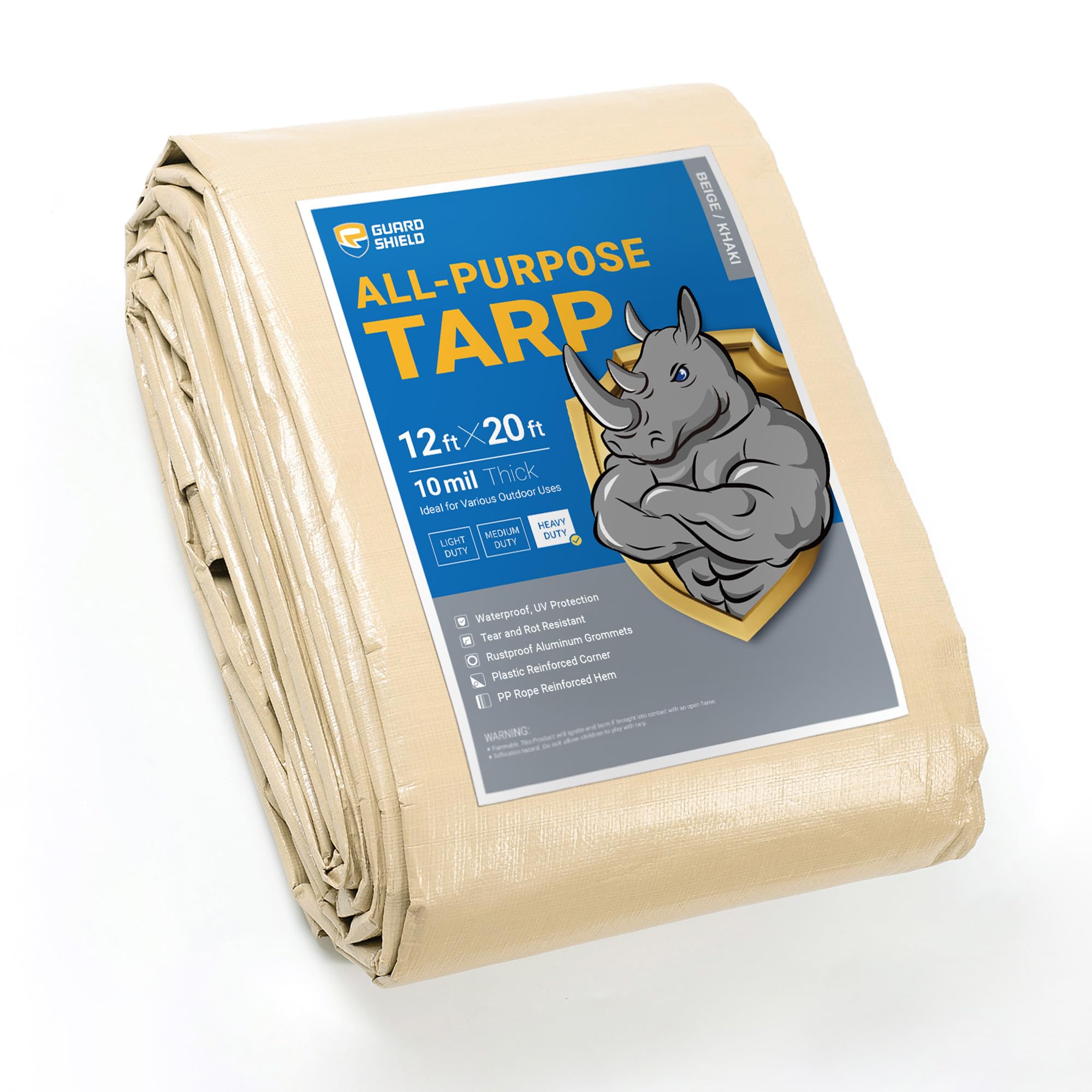 GUARD SHIELD Beige Tarp Heavy Duty Waterproof 12x20 Feet Outdoor Poly Tarps Cover Thick UV Resistant Canopy Tarpaulin with Grommets 10mil