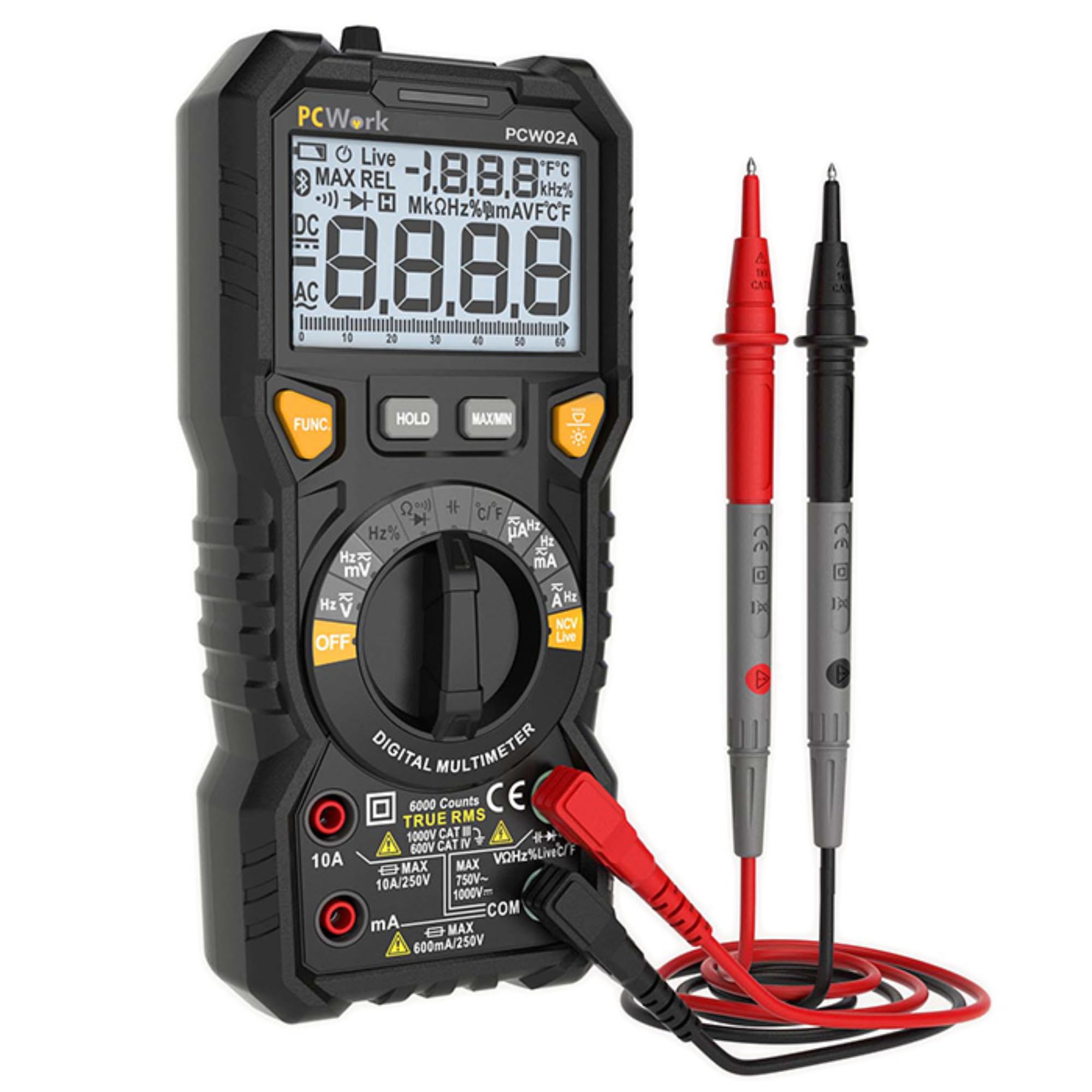 Multimetro digitale professionale PCW02A, multimetro 1000 V, TRUE RMS, grande display LCD, range auto, prese LED illuminate, misuratore di corrente, tester di continuità, misuratore di capacità