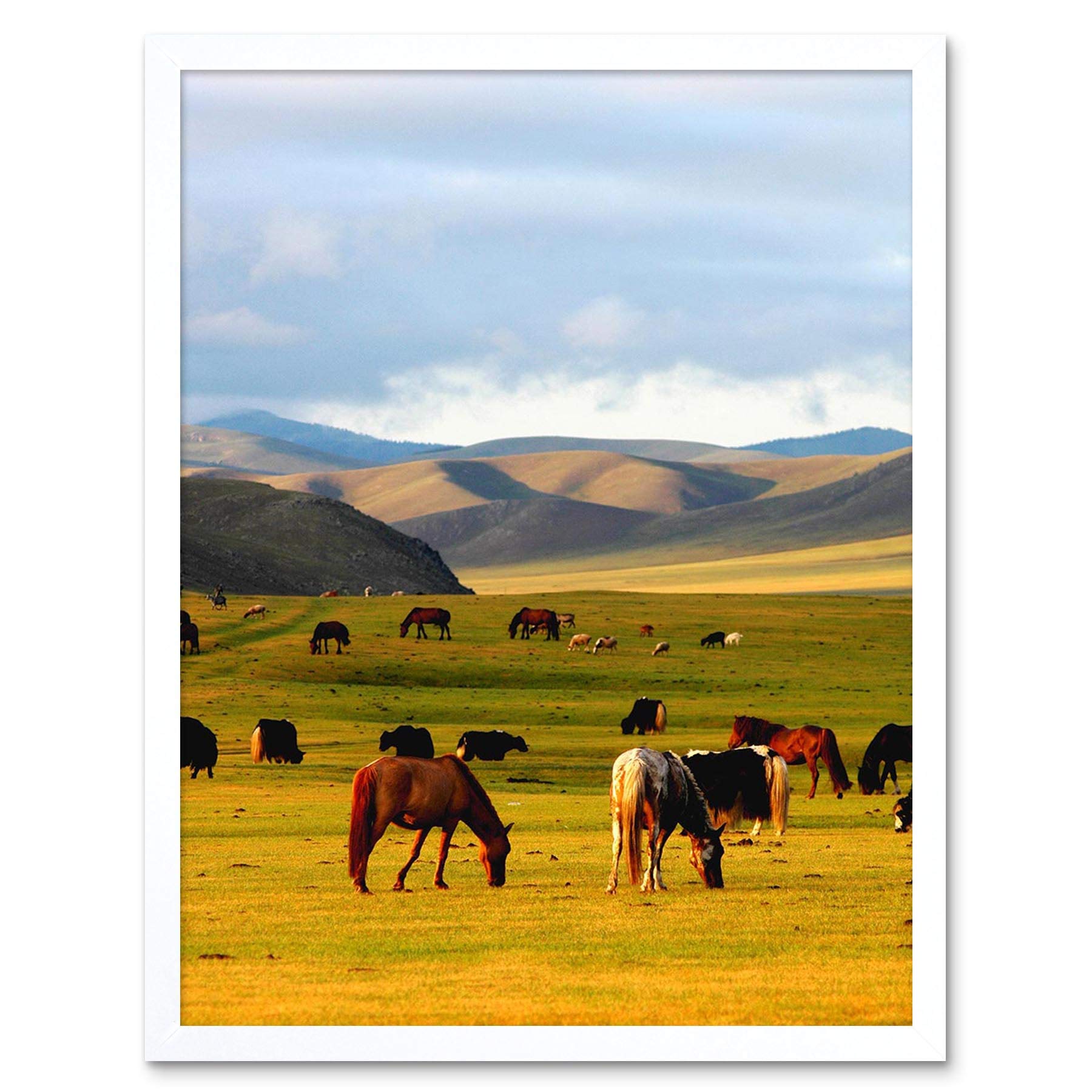 Wee Blue Coo Framed White Horses Grazing Grassland Mountains Green Art Print Framed Poster Wall Decor 12X16 Inch
