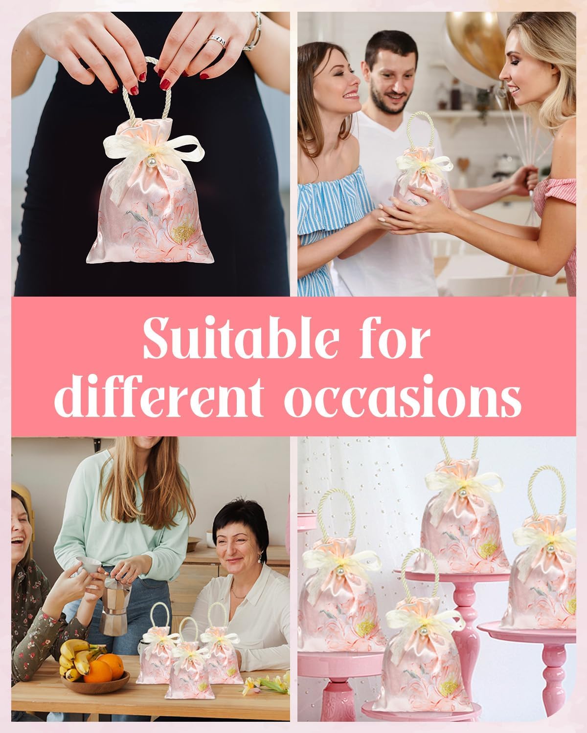 Liobelon 10 Pieces Floral Satin Gift Bags with Handles, Tea Party Favor Bags Jewelry Pouches with Drawstring Thank You Gift Bag, Small Candy Boxes for Birthday Wedding Bridal Baby Shower (Pink) - Image 5