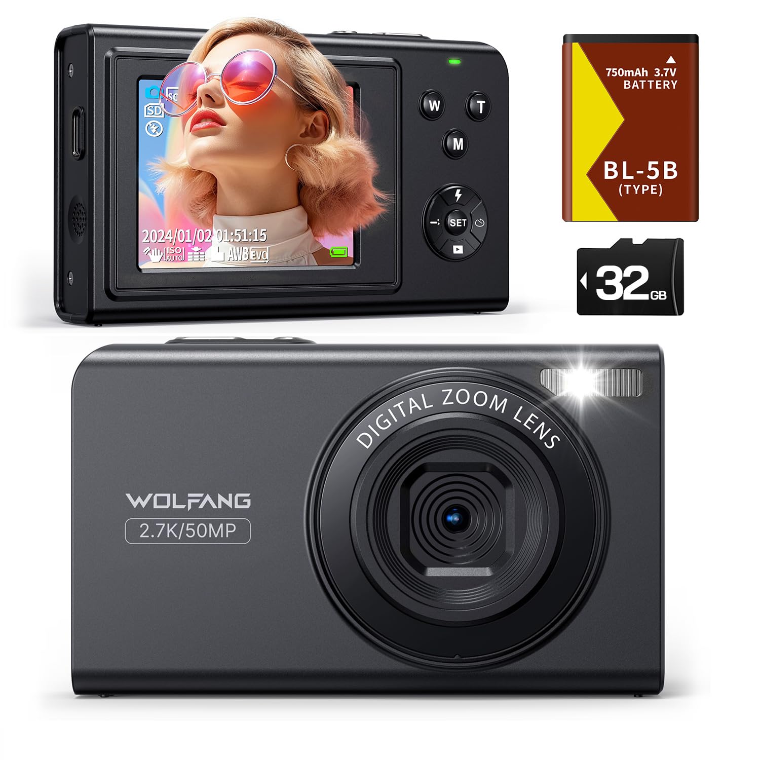 WOLFANG Digital Camera, 2.7K Kids Camera for Photography, 50MP Compact Vlogging, 16X Digital Zoom, Auto Focus Point and Shoot, Gift for Students Teens