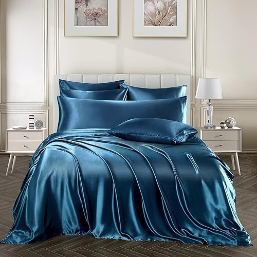 Miniatura 7 de Ersmak Juego de sábanas de satén de 7 piezas tamaño Queen, juego de sábanas sedosas de satén azul marino de lujo con 1 sábana bajera de bolsillo