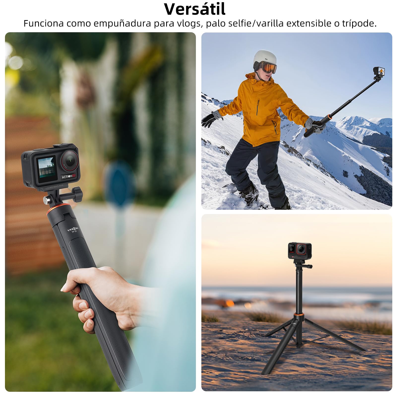 Palo Selfie Telescópico de 136 cm con Trípode Incorporado para GoPro Hero 13/12/11/10/9/Max, dji Osmo Pocket 3, Osmo Action 5 Pro/4, Insta 360 Ace Pro, AKASO EK7000 y Otras Cámaras de Acción
