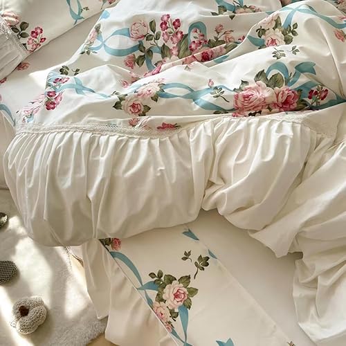 Miniatura 8 de LELVA Juego de funda de edredón con diseño de arrugas vintage, diseño floral, romántico, con volantes, para niñas, 4 piezas, falda de cama blanca