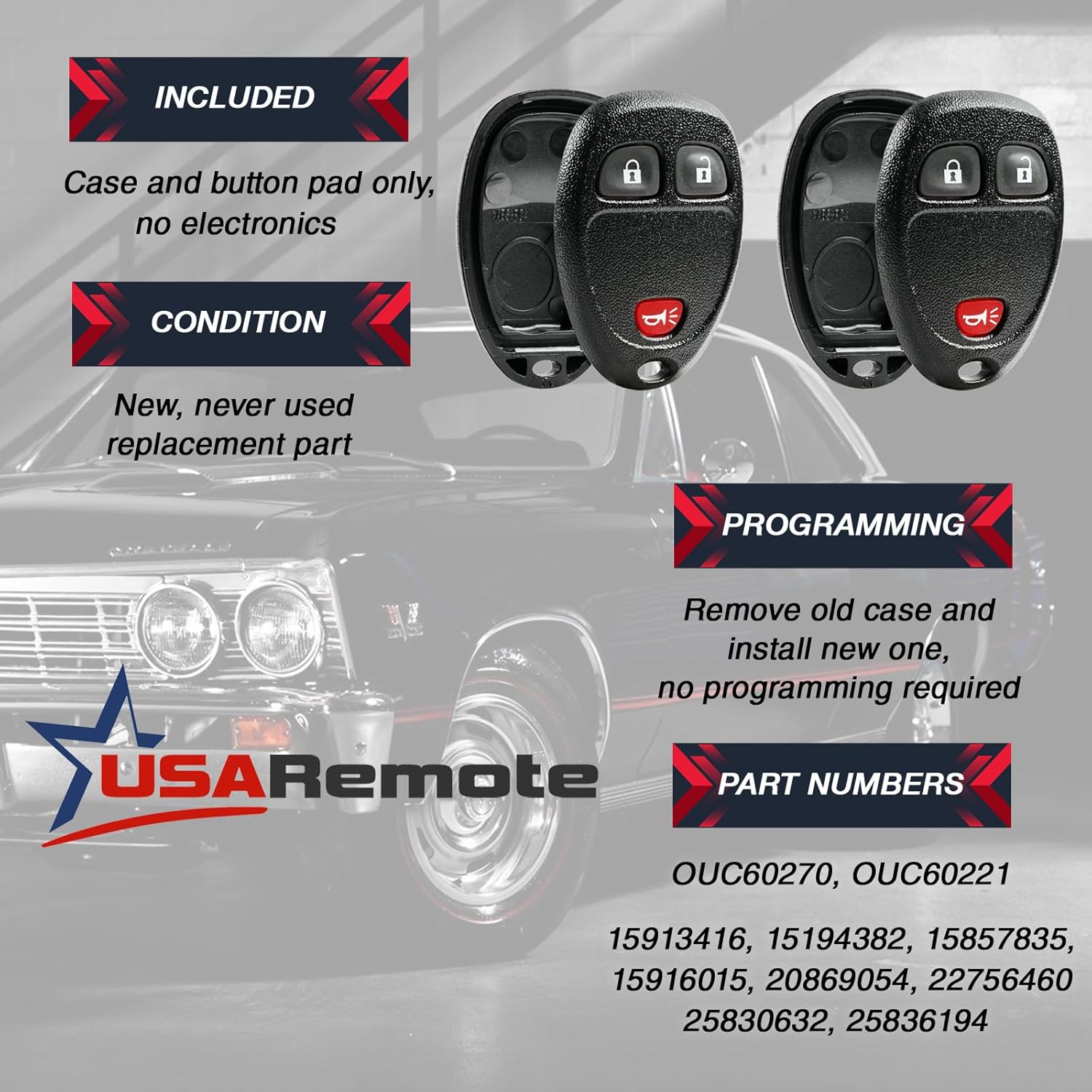 Key Fob Keyless Entry Remote Shell Case & Pad fits Buick / Chevy Avalanche Equinox Express Silverado Traverse / GMC Sierra / Pontiac Torrent, Set of 2