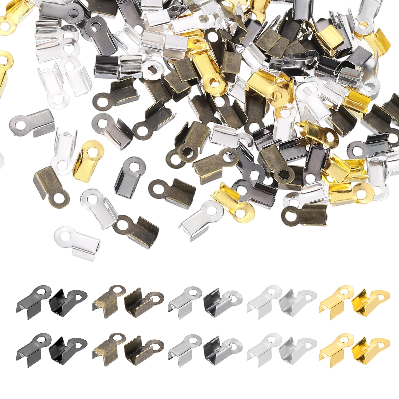 sourcing map Fold Over Cord End Crimps, 0.35 x 0.16 Inch Metal Ribbon Crimp End Caps Clasp Tips for DIY Leather Bracelet Jewelry Craft Connectors, 5 Colors, Pack of 1000