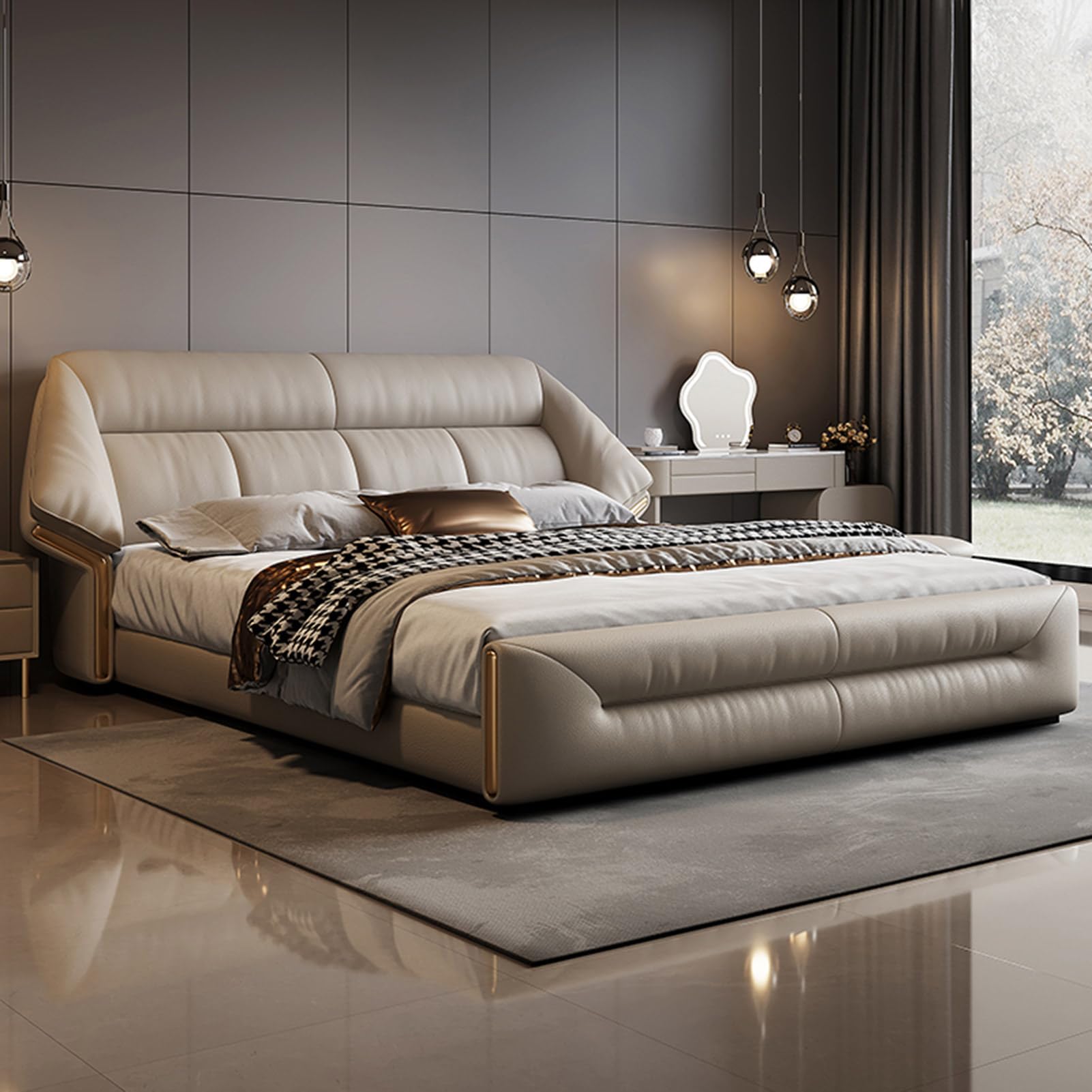 King Size Genuine Leather Bed Upholstered Platform Bed Frame with Wingback Headboard and Drawers Strong Wooden Slat Support