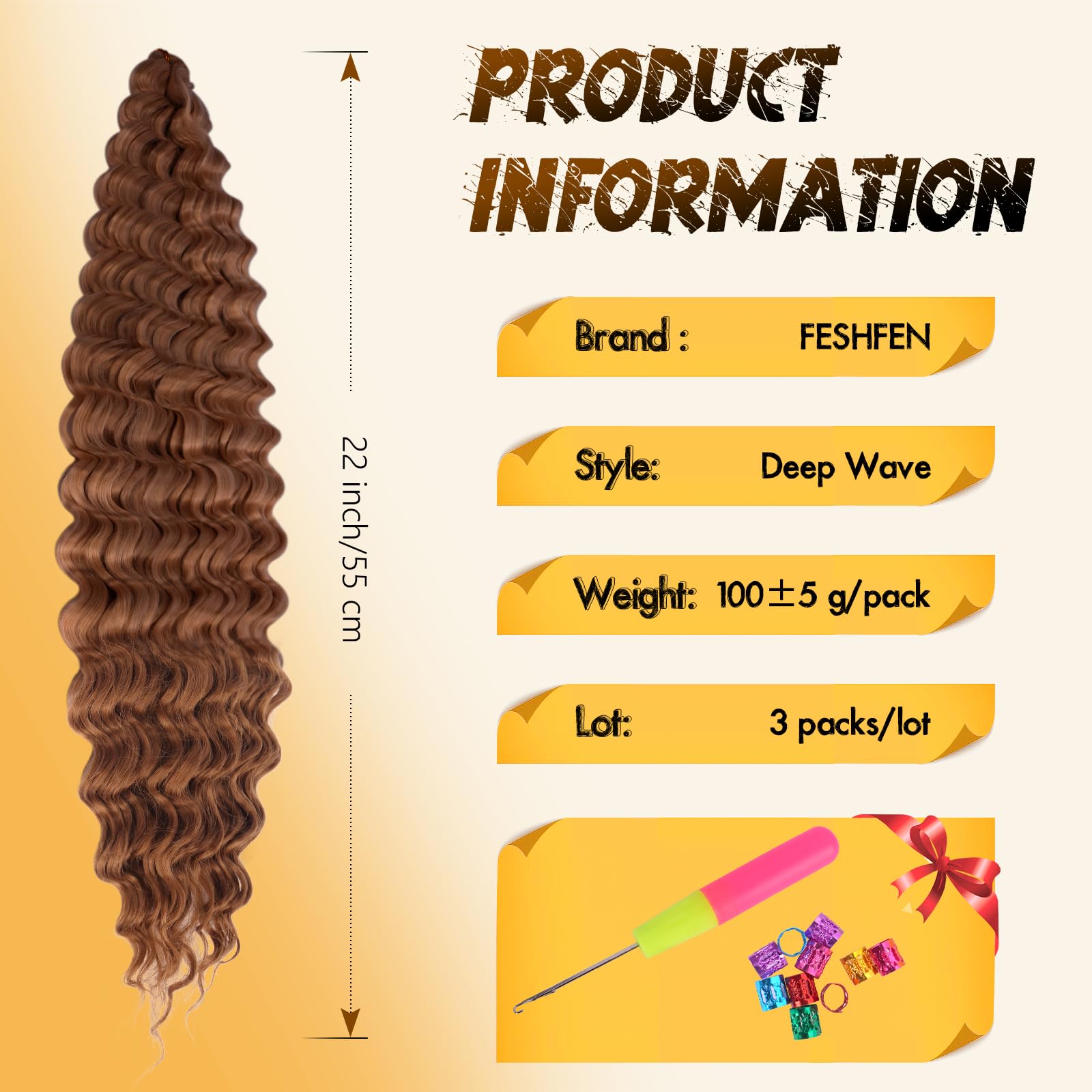 FESHFEN Crochet Braids Extensions de Cheveux - 3 Packs Deep Twist Ocean Wave Braiding Extension Synthétique Meches pour Tresses Africaine Bouclés pour Femmes, 55 cm Auburn
