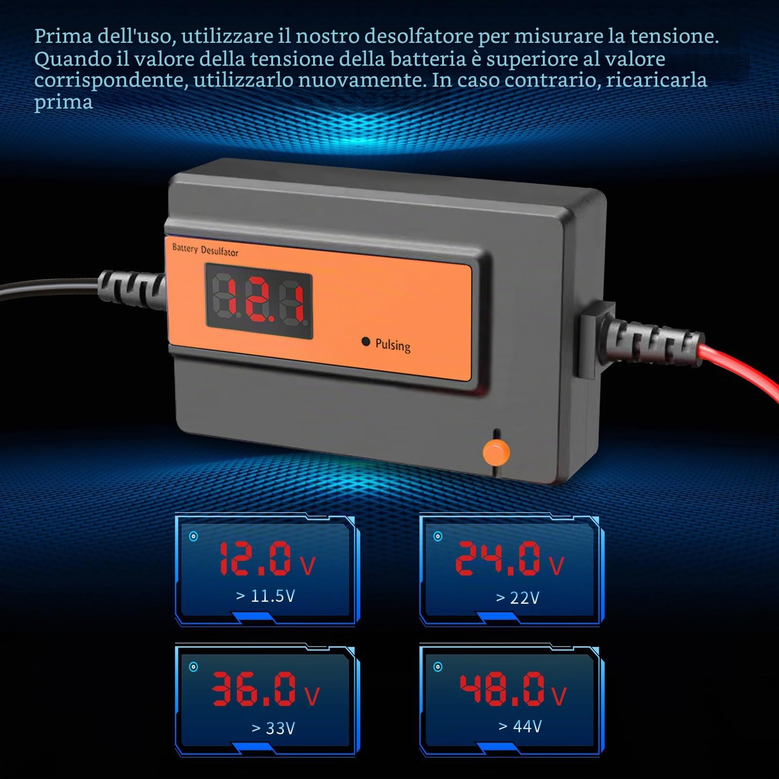 Desolfatore Automatico per Batterie al Piombo-Acido GEL, AGM, SLA, 12-48V, 200AH, con Clip Grandi, per Auto, Camion, Moto, ATV, Barche, Pannello Solare (arancione)