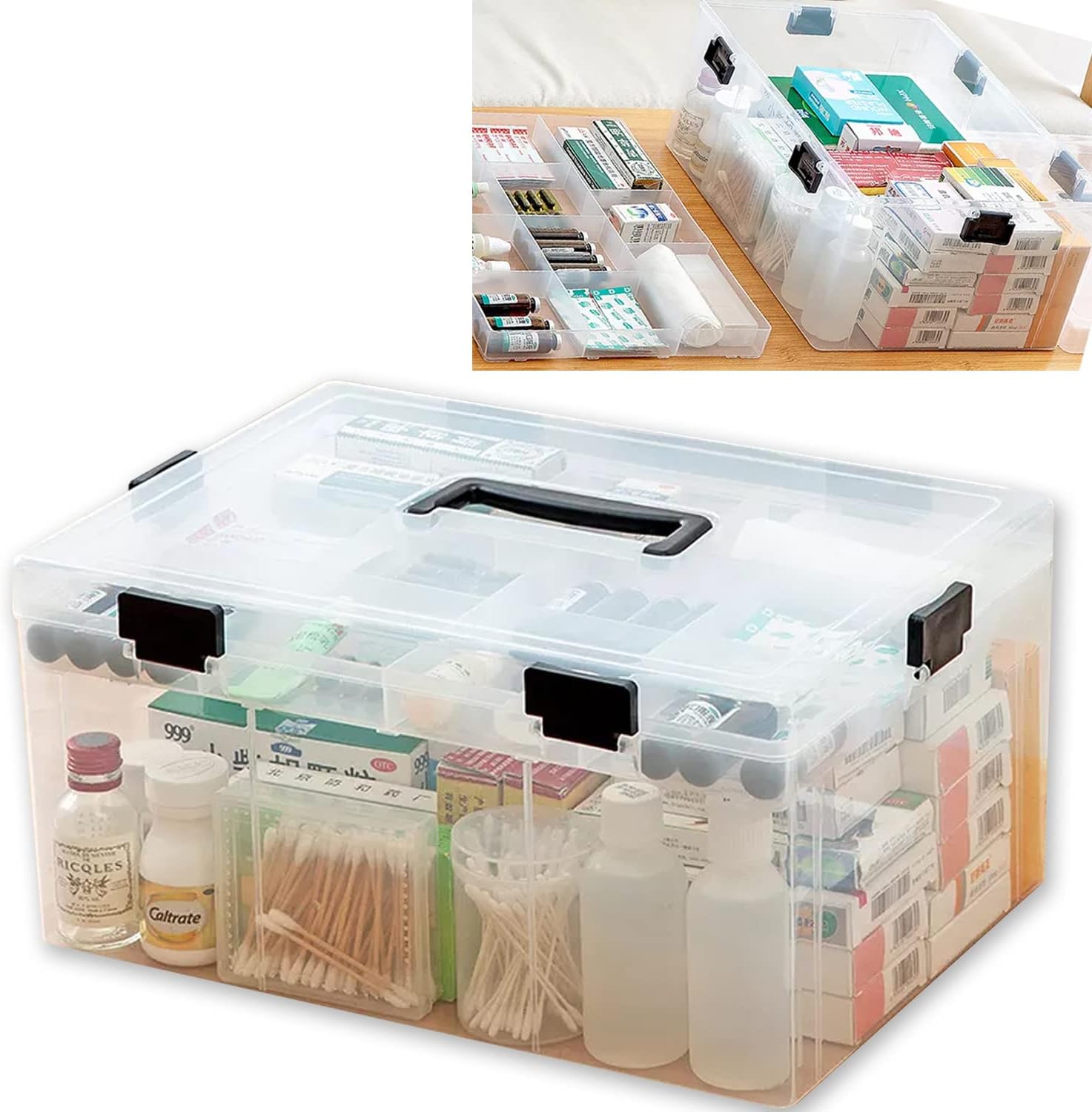 Large Plastic Medical Storage Box, Family Emergency Medical Travel Kit, Child Proof Medicine Box Organizer Pill Case With Compartments And Handle, Medicine/Toys/Tools Storage Organiser