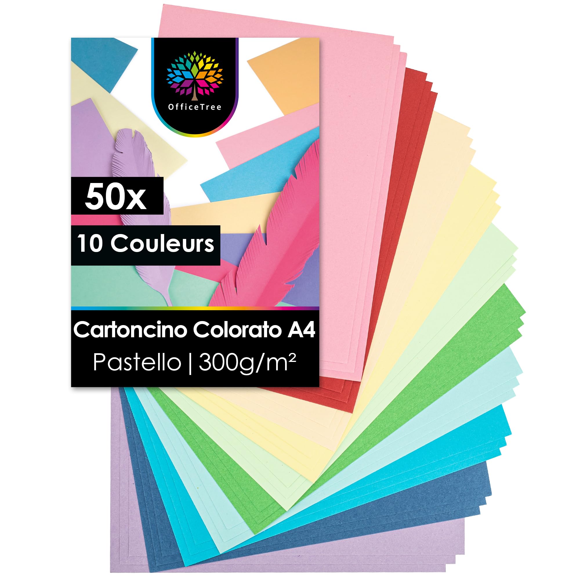 OfficeTree 50 arkuszy papieru pastelowego A4 300g, 10 kolorów, karton fotograficzny do DIY