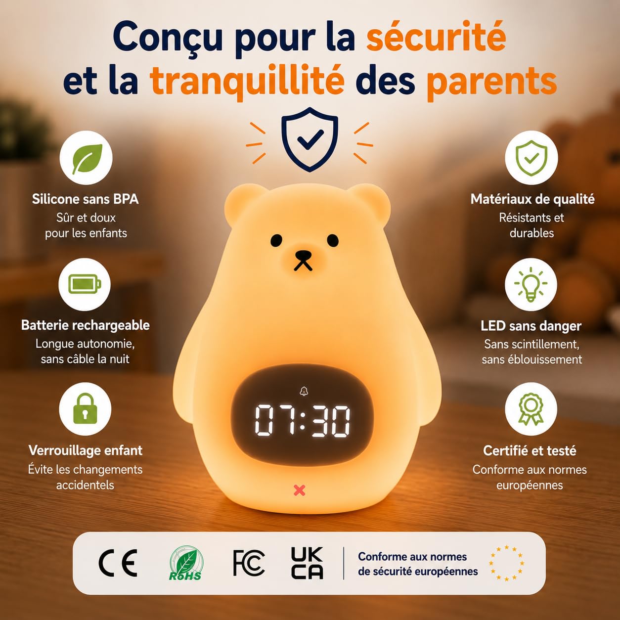 Kemi Sveglia educativa e luminosa giorno/notte con luce LED - Controllo app iOS/Android - Ricaricabile - Apprendimento del sonno - Ragazza & Ragazzo