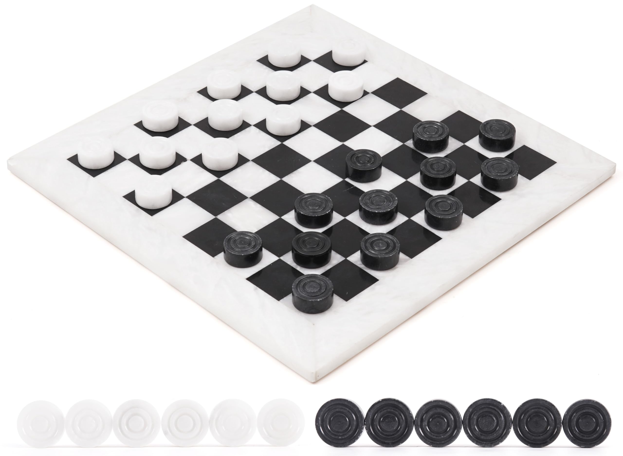 Radicaln Marble Checkers Board Game 15 Inches White and Black Handmade Tournament Checker Set - Draughts Board Games