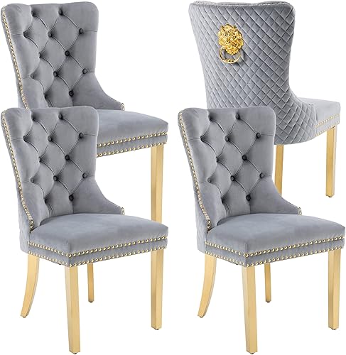 Miniatura 22 de KCC Juego de 2 sillas de comedor tapizadas de terciopelo, modernas sillas capitoné con botones con anillo de cabeza de león y patas de acero Patas