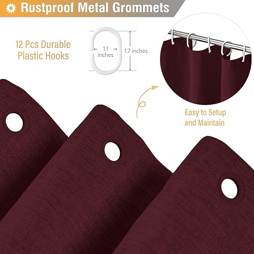 Miniatura 4 de BTTN - Juego de cortina para ducha de tela, impermeable, resistente, con textura de lino y 12 ganchos de plástico, simple, decorativa, gruesa, ideal